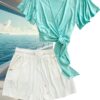 Honey Vice Wrap Top in Aquamarine with Inspired Dreamer Shorts in Milk and Honey