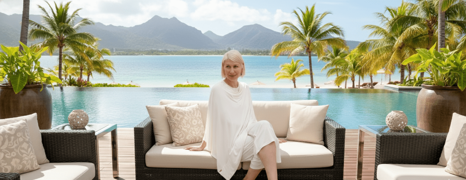 Summer Poncho and Zen Pants in Milk and Honey at infinity pool